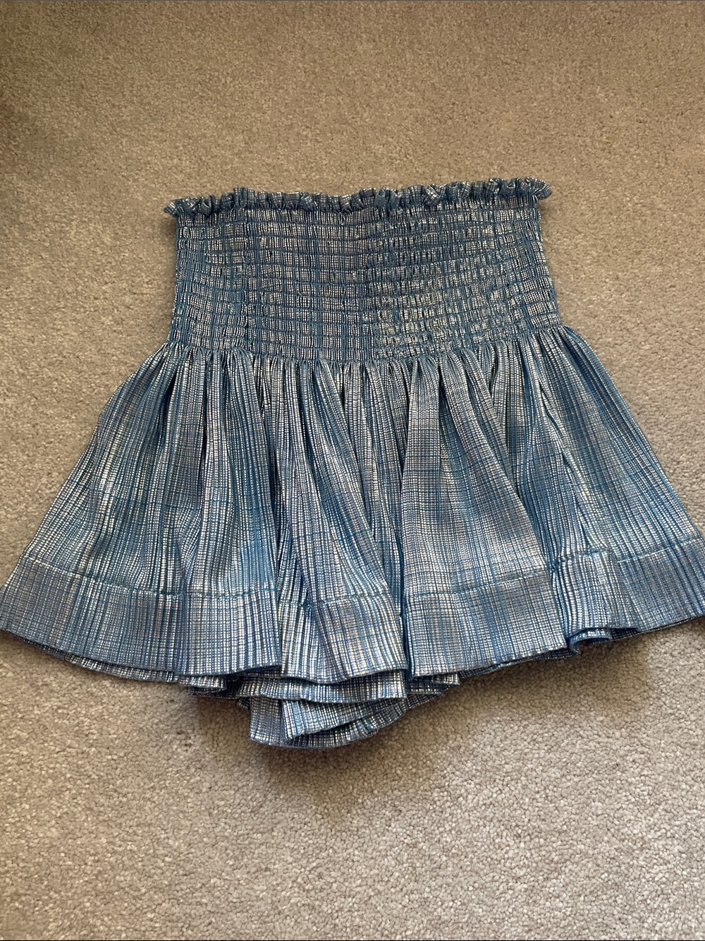 QUEEN OF SPARKLES Light Blue Metallic Smocked Shorts